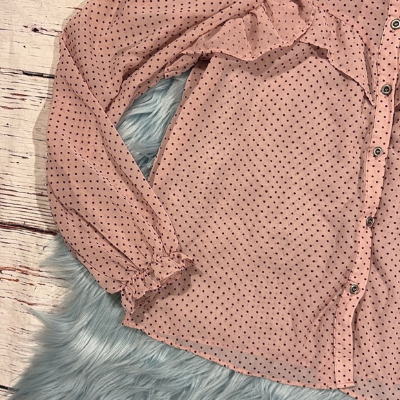Zara Ruffled Red Polka Dot Pink Ruffle Sheer Blouse - Picture 7 of 10